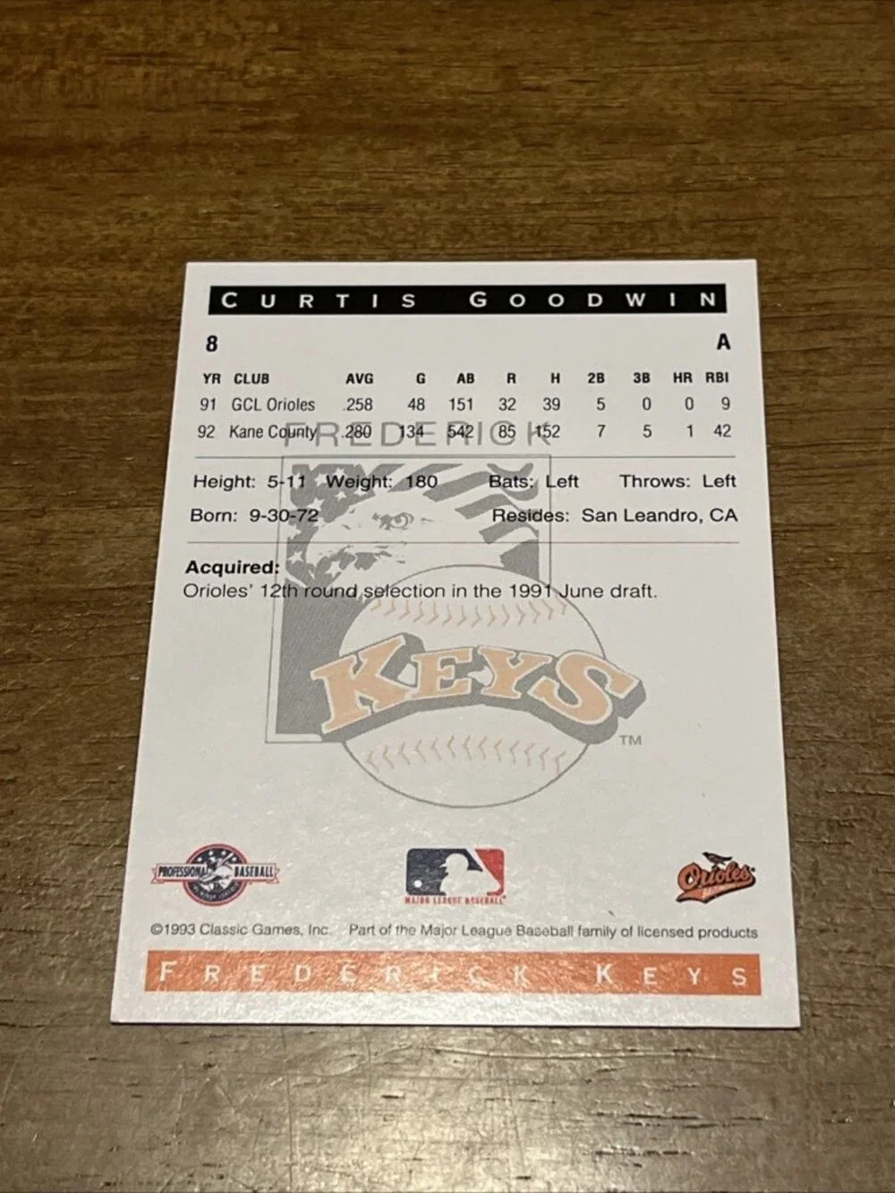1993 Classic Best Frederick Keys - Curtis Goodwin #8 (RC)